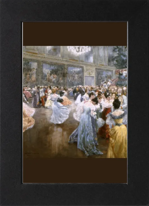 Gerahmter Druck : Tanzen im öffentlichen Ballraum des Kaiserpalastes Wien. Wasserfarben von Wilhelm Gause, 1900. Kaiser Franz Josef ist auf der rechten Seite Gerahmter Druck : Tanzen im öffentlichen Ballraum des Kaiserpalastes Wien. Wasserfarben von Wilhelm Gause, 1900. Kaiser Franz Josef ist auf der rechten Seite