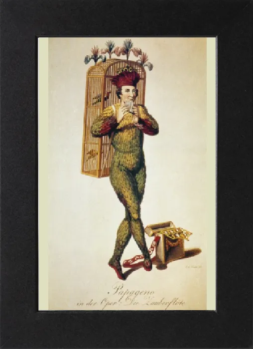 Gerahmter Druck : Mozart: Zauberflöte, 1791. Der Charakter Papageno aus Wolfgangs Amadeus Mozzarts Oper Die Zauberflöte im zeitgenössischen österreichischen Illustration Gerahmter Druck : Mozart: Zauberflöte, 1791. Der Charakter Papageno aus Wolfgangs Amadeus Mozzarts Oper Die Zauberflöte im zeitgenössischen österreichischen Illustration