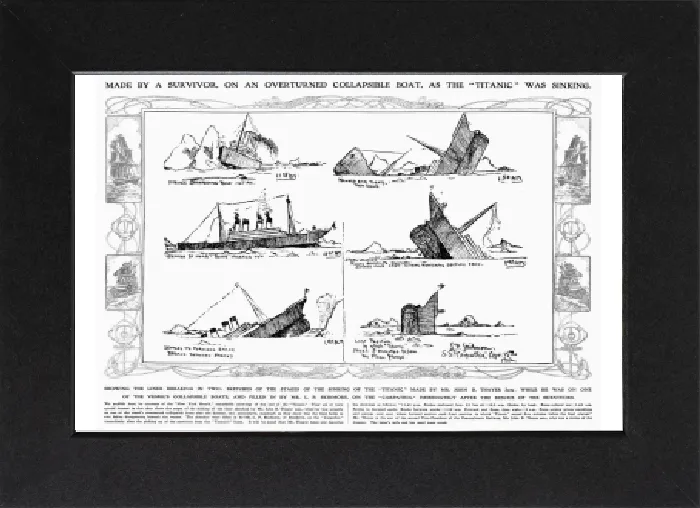Gerahmter Druck : TITANIC: SINKEN, 1912. Zeitgenössische Skizzen eines Überlebenden der Untergang des Titanic, 14.-15. April 1912 Gerahmter Druck : TITANIC: SINKEN, 1912. Zeitgenössische Skizzen eines Überlebenden der Untergang des Titanic, 14.-15. April 1912