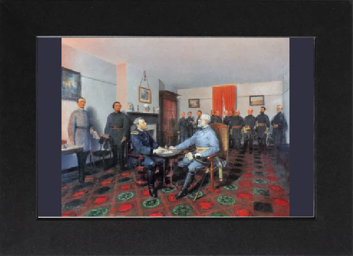 Gerahmter Druck : Bürgerkrieg: Appomattox, 1865. Die Kapitulation des Generals Lee gegen den General Grant am 9.April 1865. Öl auf Leinwand von Louis Guillaume, 1867 Gerahmter Druck : Bürgerkrieg: Appomattox, 1865. Die Kapitulation des Generals Lee gegen den General Grant am 9.April 1865. Öl auf Leinwand von Louis Guillaume, 1867