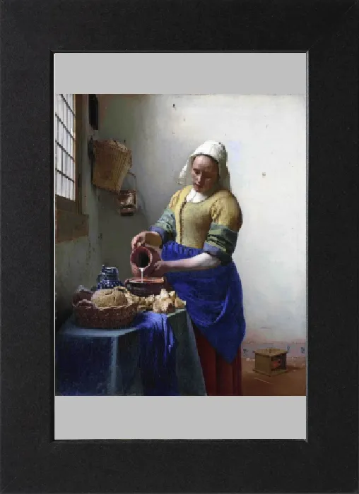 Gerahmter Druck : Johannes Vermeer (1632-1675) niederländischer Maler, Die Milchmagd Gerahmter Druck : Johannes Vermeer (1632-1675) niederländischer Maler, Die Milchmagd