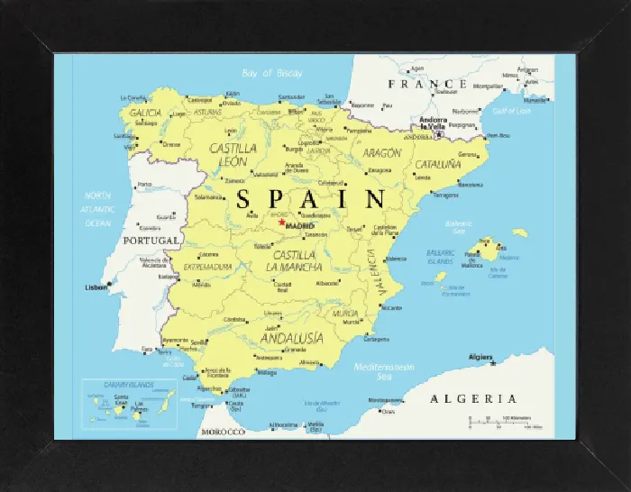 Gerahmter Druck : Referenzkarte Spaniens Gerahmter Druck : Referenzkarte Spaniens