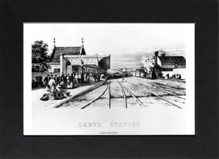 Gerahmter Druck : Die Bahnhaltestation Crewe begann am 4. Juli 1837 mit der Eröffnung des Grand Junction Railways Dienst zu leisten