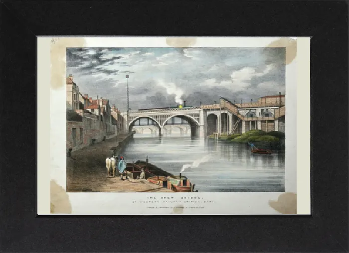 Gerahmter Druck : Bogenbrücke, Bahnhof Great Western Railway, Bath um 1840-70 (farbiger Lithograph auf Papier) Gerahmter Druck : Bogenbrücke, Bahnhof Great Western Railway, Bath um 1840-70 (farbiger Lithograph auf Papier)