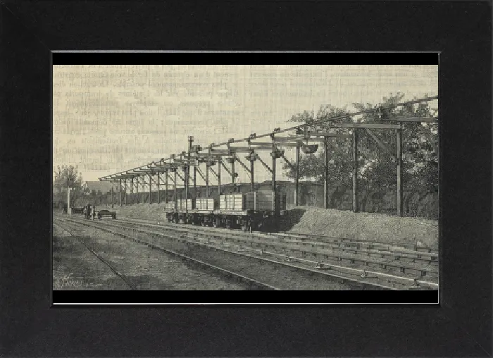 Gerahmter Druck : Telpherage: Die Drahtseilbahn der Sussex Cement Company in Glynde, Sussex, England, 1885. Gerahmter Druck : Telpherage: Die Drahtseilbahn der Sussex Cement Company in Glynde, Sussex, England, 1885.
