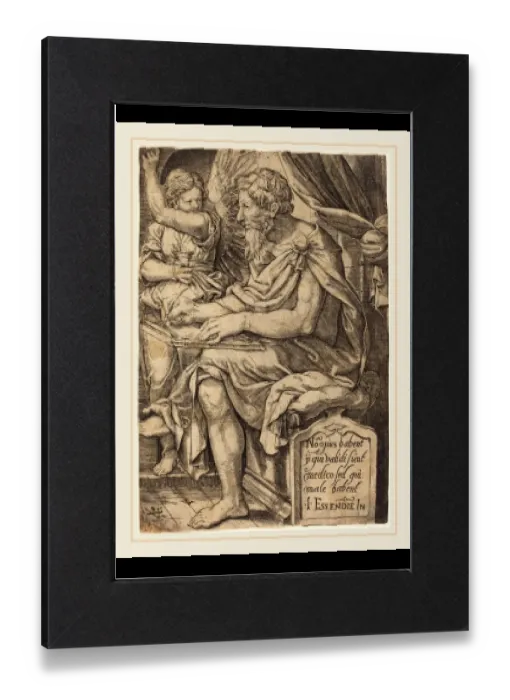 Gerahmter Druck : Johann Ladenspelder (deutsch, 1512-1561 oder danach), Heiliger Matthäus, Kupferstich Gerahmter Druck : Johann Ladenspelder (deutsch, 1512-1561 oder danach), Heiliger Matthäus, Kupferstich