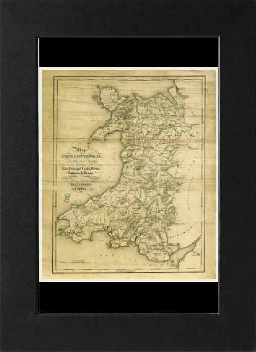 Gerahmter Druck : Ein topografischer Wörterbuch von Wales, Karte der Nord- und Südwales aus dem 19. Jahrhundert als Holzschnitt Gerahmter Druck : Ein topografischer Wörterbuch von Wales, Karte der Nord- und Südwales aus dem 19. Jahrhundert als Holzschnitt