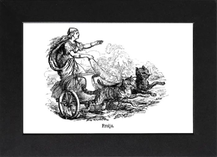 Gerahmter Druck : Frige (Frigga) Göttin der Liebe im skandinavischen Mythos, die ihr Wagen mit Katzen gezogen führt Gerahmter Druck : Frige (Frigga) Göttin der Liebe im skandinavischen Mythos, die ihr Wagen mit Katzen gezogen führt