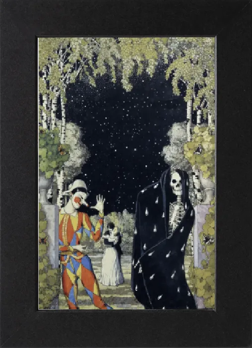Gerahmter Druck : 'Harlekin und Tod', 1907. Künstler: Somow, Konstantin Andrejewitsch (1869-1939) Gerahmter Druck : 'Harlekin und Tod', 1907. Künstler: Somow, Konstantin Andrejewitsch (1869-1939)