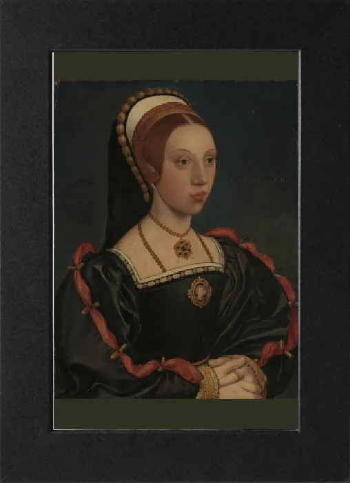 Gerahmter Druck : Porträt einer jungen Frau (Katharina Howard), um 1540 - 1545. Künstler: Holbein der Jüngere, Werkstatt von