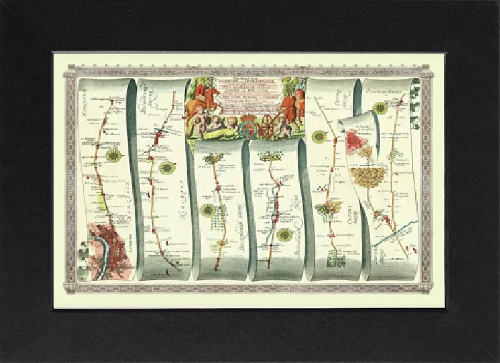 Gerahmter Druck : Alte Straßenstreifenkarte (TAFEL 1) Die Straße von London nach Aberystwyth Gerahmter Druck : Alte Straßenstreifenkarte (TAFEL 1) Die Straße von London nach Aberystwyth