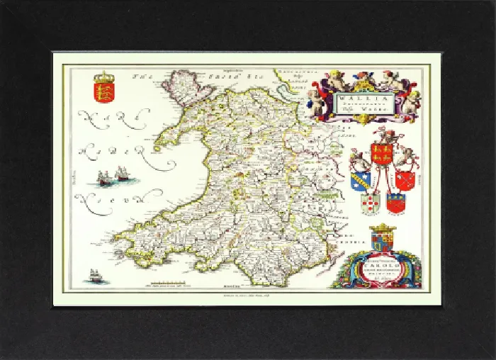 Gerahmter Druck : Altatlas von Wales aus dem Jahr 1648 von Johann Blaeu, im Atlas Novus Gerahmter Druck : Altatlas von Wales aus dem Jahr 1648 von Johann Blaeu, im Atlas Novus