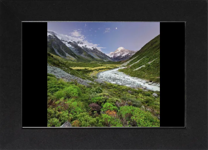 Gerahmter Druck : Aoraki, Hooker River, Mount Cook Nationalpark, Canterbury, Südinsel, Neuseeland Gerahmter Druck : Aoraki, Hooker River, Mount Cook Nationalpark, Canterbury, Südinsel, Neuseeland