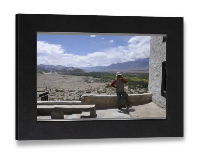 Gerahmter Druck : Thikse-Kloster, Blick in den Indus-Tal.