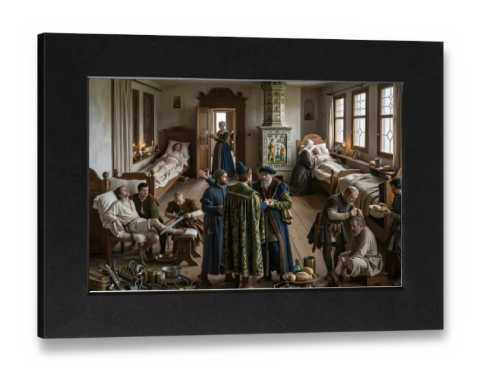 Gerahmter Druck : Ein Krankenhaus, Bettruf-Erlebnis nach Paracelsus. Gerahmter Druck : Ein Krankenhaus, Bettruf-Erlebnis nach Paracelsus.