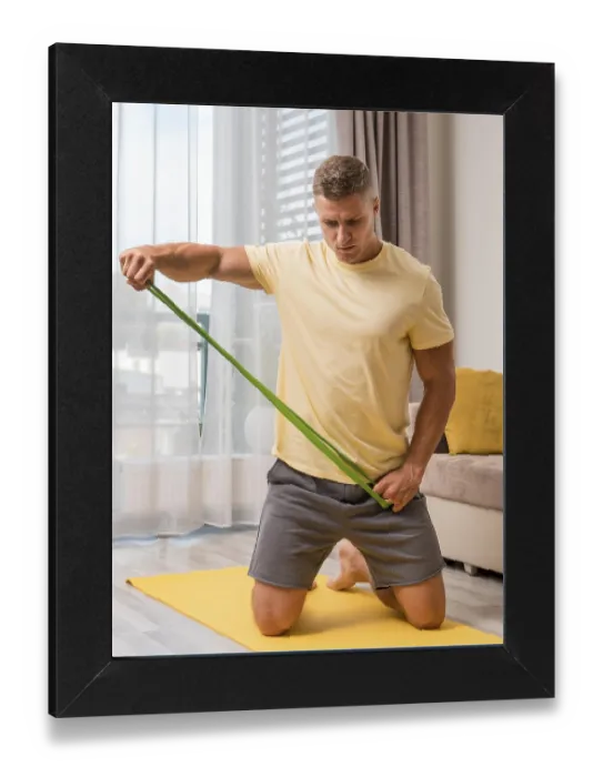 Gerahmter Druck : Sehr fiter Mann trainiert zu Hause mit einem elastischen Band. Gerahmter Druck : Sehr fiter Mann trainiert zu Hause mit einem elastischen Band.