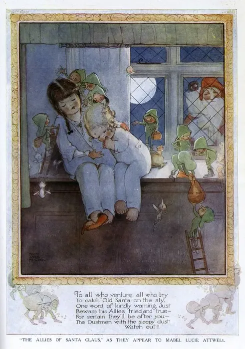 Gerahmter Druck : Die Verbündeten von Weihnachtsmann durch Mabel Lucie Attwell Gerahmter Druck : Die Verbündeten von Weihnachtsmann durch Mabel Lucie Attwell