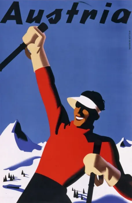 Gerahmter Druck : Austria. Reiseplakatt für Österreich mit einem Skifahrer im Sonnenhut gegenüber Gerahmter Druck : Austria. Reiseplakatt für Österreich mit einem Skifahrer im Sonnenhut gegenüber