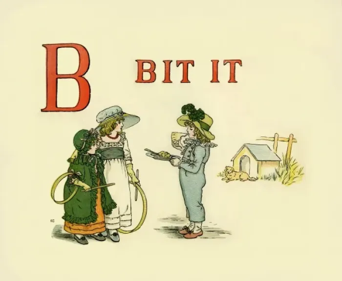 Gerahmter Druck : B Bit it. Von einer Apfel-Piezeichenbuch des ikonischen Bildbuchs von Kate Greenaway Datum Gerahmter Druck : B Bit it. Von einer Apfel-Piezeichenbuch des ikonischen Bildbuchs von Kate Greenaway Datum