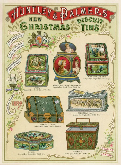 Gerahmter Druck : Kekstüten. Ein Auswahl von Weihnachtsbiskuittöpfen von Huntley und Palmers Gerahmter Druck : Kekstüten. Ein Auswahl von Weihnachtsbiskuittöpfen von Huntley und Palmers