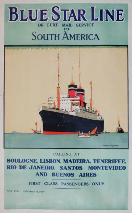 Gerahmter Druck : Plakat der Blue Star Line nach Südamerika. Gerahmter Druck : Plakat der Blue Star Line nach Südamerika.