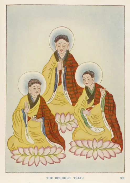 Gerahmter Druck : Triade des Buddhismus Gerahmter Druck : Triade des Buddhismus