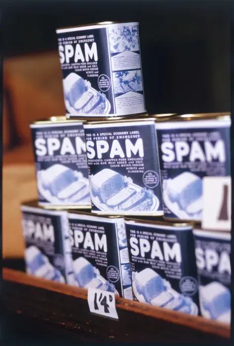 Gerahmter Druck : Dosen Spam aus den 1940er Jahren Gerahmter Druck : Dosen Spam aus den 1940er Jahren