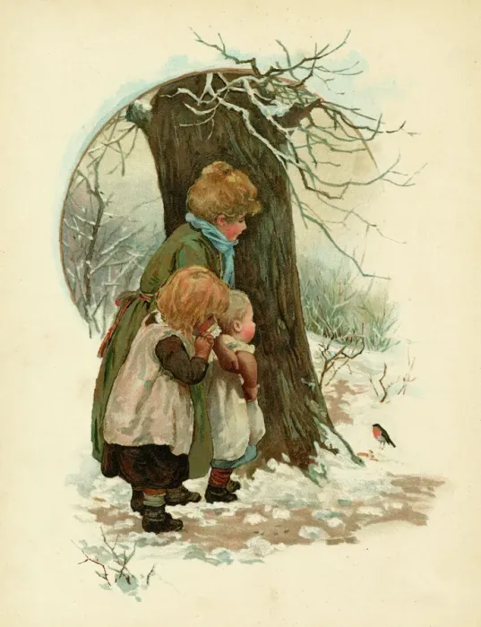 Gerahmter Druck : Kinder im Schnee mit einem Robin