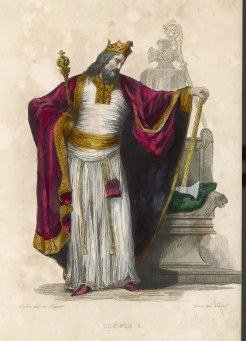 Gerahmter Druck : CLOVIS I. KLOVIS I., König der Franken steht vor einem Thron und hält mit Gerahmter Druck : CLOVIS I. KLOVIS I., König der Franken steht vor einem Thron und hält mit