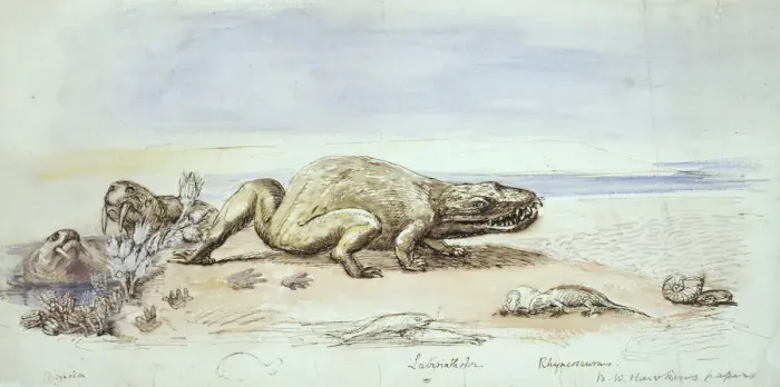Gerahmter Druck : Dicynodont, Labyrinthodont und Rynchosaurus Gerahmter Druck : Dicynodont, Labyrinthodont und Rynchosaurus