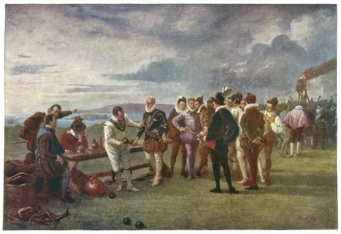 Gerahmter Druck : Drake spielt Kegeln 1588 Gerahmter Druck : Drake spielt Kegeln 1588
