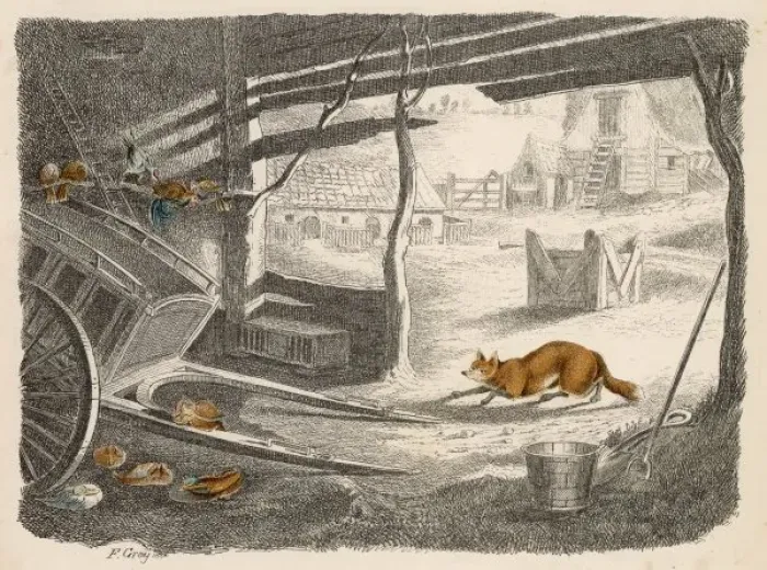 Gerahmter Druck : Fuchs im Stall 1847 Gerahmter Druck : Fuchs im Stall 1847