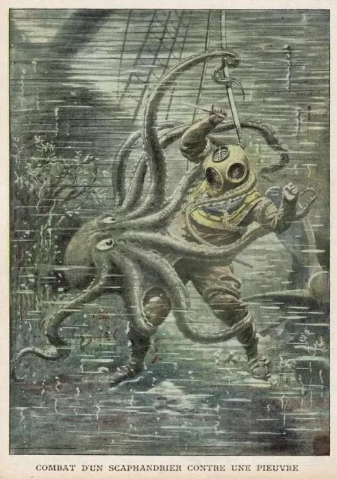 Gerahmter Druck : Riesen-Octopuss und amerikanischer Taucher Gerahmter Druck : Riesen-Octopuss und amerikanischer Taucher
