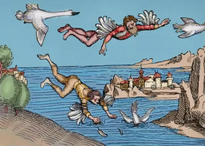 Gerahmter Druck : Ikarus und Daedalos fliegen. Gerahmter Druck : Ikarus und Daedalos fliegen.