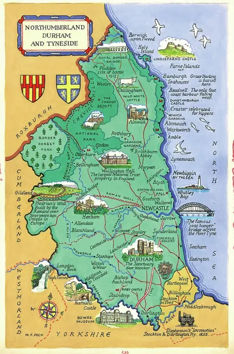Gerahmter Druck : Karte - Nordumbria und Durham und Tyne-Siedlung