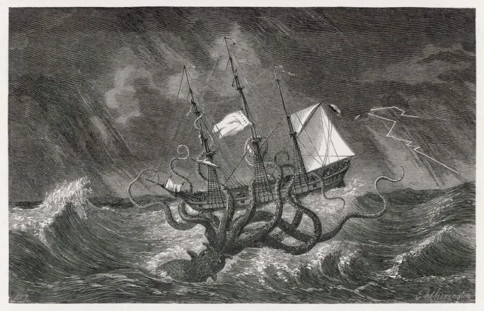Gerahmter Druck : Der Kraken greift ein Schiff im Sturm an Gerahmter Druck : Der Kraken greift ein Schiff im Sturm an
