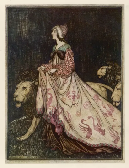 Gerahmter Druck : Die Dame und der Löwe Gerahmter Druck : Die Dame und der Löwe