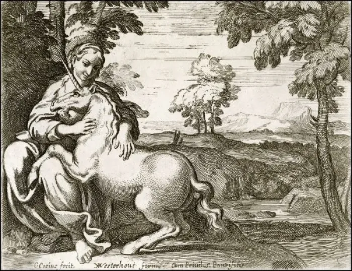 Gerahmter Druck : Lady und Einhorn Gerahmter Druck : Lady und Einhorn