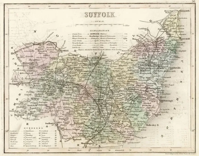 Gerahmter Druck : Karte / Suffolk 1847 Gerahmter Druck : Karte / Suffolk 1847