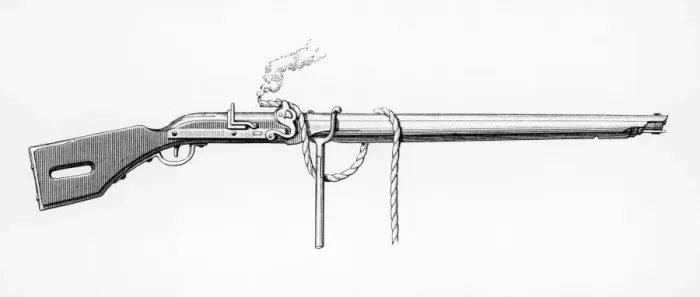 Gerahmter Druck : MATCHLOCK. Flintpistole mit Rauchfaden Gerahmter Druck : MATCHLOCK. Flintpistole mit Rauchfaden