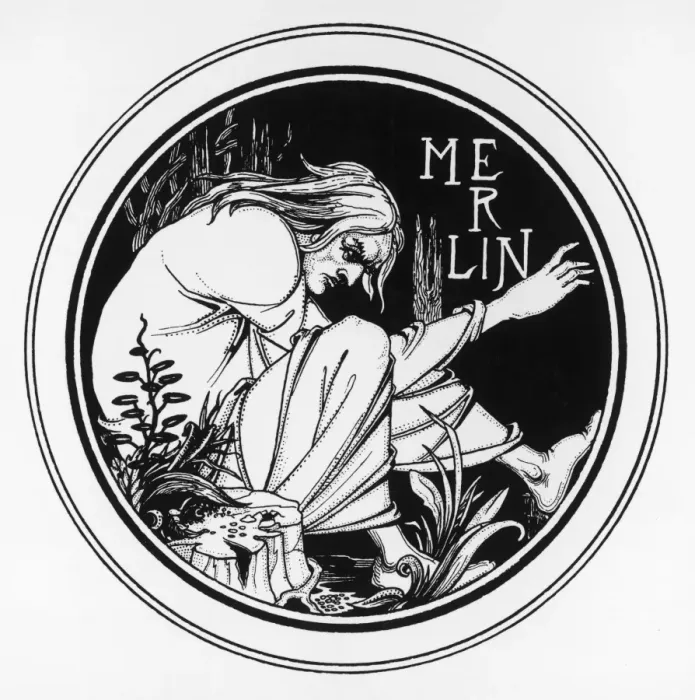Gerahmter Druck : MERLIN. Merlin der Zauberer, einer von Aubreys Beardedlys Illustrationen zu Morte d'Arthur Gerahmter Druck : MERLIN. Merlin der Zauberer, einer von Aubreys Beardedlys Illustrationen zu Morte d'Arthur