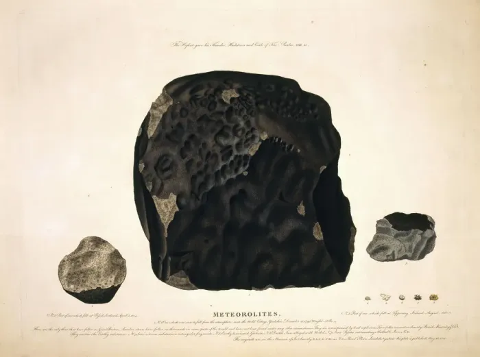 Gerahmter Druck : Meteorteil und Meteoriten Gerahmter Druck : Meteorteil und Meteoriten