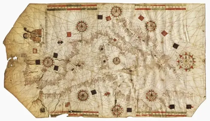 Gerahmter Druck : Nautische Karte mit dem Titel König Hamy. 1502. Pergament. Gerahmter Druck : Nautische Karte mit dem Titel König Hamy. 1502. Pergament.