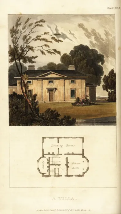 Gerahmter Druck : Pläne und Elevation einer Regencievilla Gerahmter Druck : Pläne und Elevation einer Regencievilla