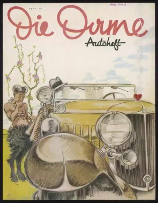 Gerahmter Druck : Panzerfigur und Auto 1930 Gerahmter Druck : Panzerfigur und Auto 1930
