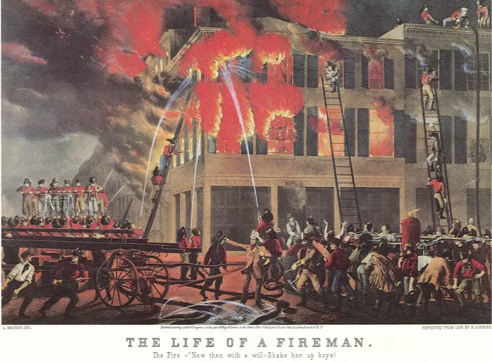 Gerahmter Druck : Feuerwehrleute im Einsatz Datum: 1880 Gerahmter Druck : Feuerwehrleute im Einsatz Datum: 1880