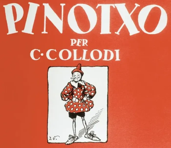 Gerahmter Druck : Pinocchio. Vorderseite einer katalanischen Ausgabe des Kinderbuches Pinokio Gerahmter Druck : Pinocchio. Vorderseite einer katalanischen Ausgabe des Kinderbuches Pinokio