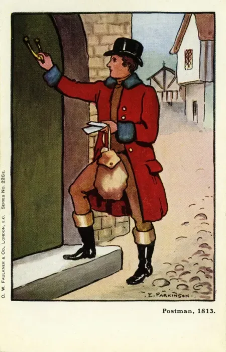 Gerahmter Druck : Postman. Ein Briefträger von 1813 klopft an die Tür, um das Postfach zu liefern Gerahmter Druck : Postman. Ein Briefträger von 1813 klopft an die Tür, um das Postfach zu liefern