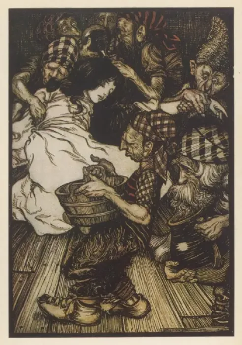 Gerahmter Druck : Rackham / Schneewittchen gefunden Gerahmter Druck : Rackham / Schneewittchen gefunden