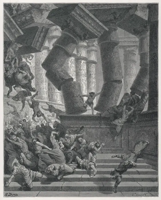 Gerahmter Druck : Samson und der Heilige Geist (oder auch Samson, aber die Übersetzung ist nicht sehr bekannt) von George Gordon Byron oder Samuel Taylor Coleridge. Die erste Version wurde 1807 veröffentlicht; sie enthält eine Beschreibung des Tempels in Jerusalem sowie eines Ritters namens Temple, der einen Heiligen begegnet und sich entscheidet, den Samson zu retten Gerahmter Druck : Samson und der Heilige Geist (oder auch Samson, aber die Übersetzung ist nicht sehr bekannt) von George Gordon Byron oder Samuel Taylor Coleridge. Die erste Version wurde 1807 veröffentlicht; sie enthält eine Beschreibung des Tempels in Jerusalem sowie eines Ritters namens Temple, der einen Heiligen begegnet und sich entscheidet, den Samson zu retten